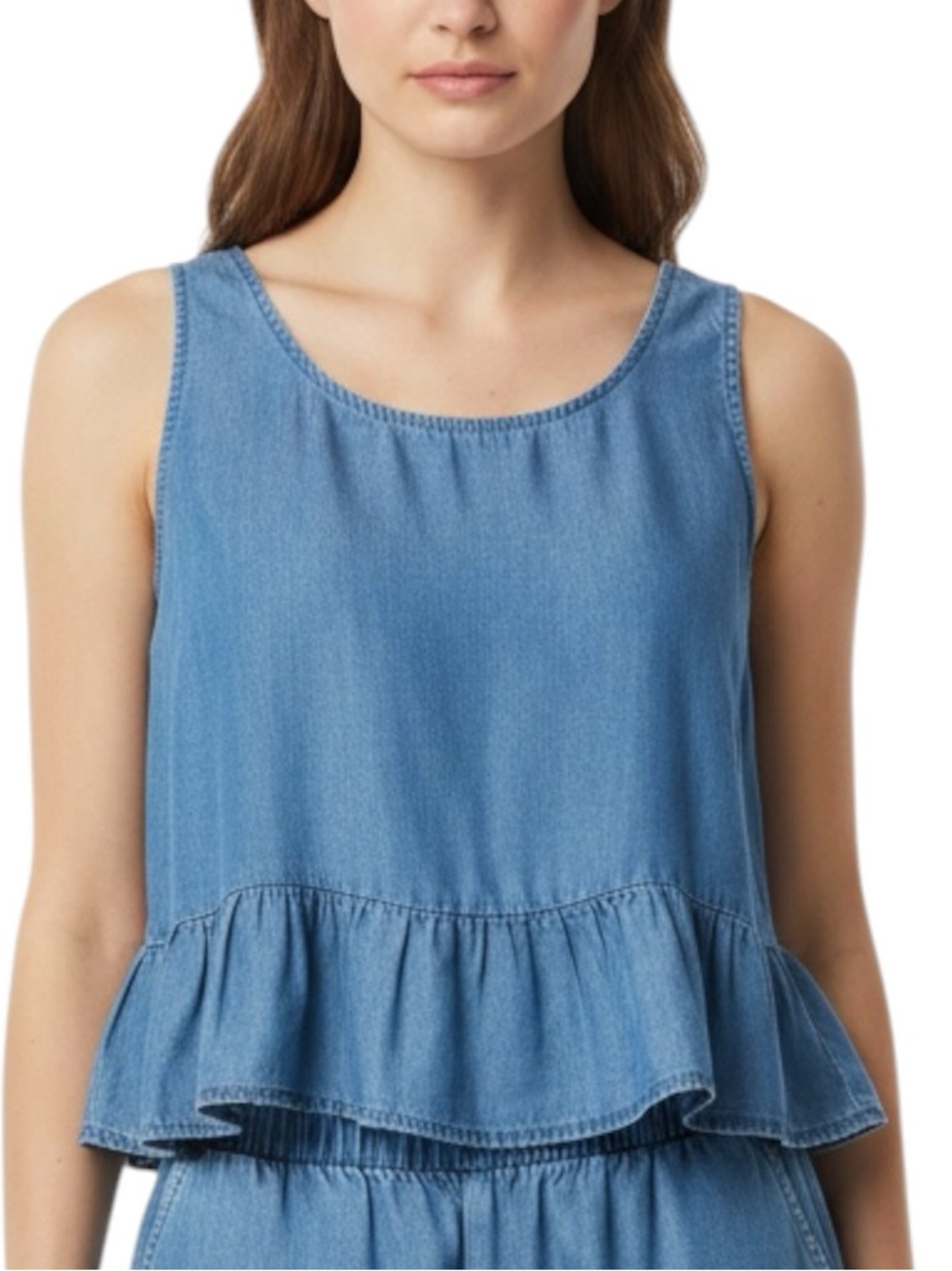 Women’s Chambray Blue Denim Tank Top Size Large ruffled
